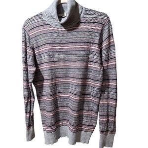L.L.Bean Fair Isle Turtleneck Sweater Women Size L Gray Pink Blue Pattern Cotton